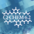 Q-Chem 6.2 logo over pixelated blue background with clouds