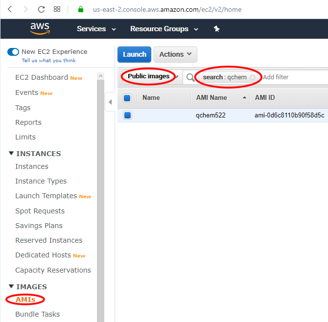 AWS Resource Groups menu showing a search of qchem under Public images