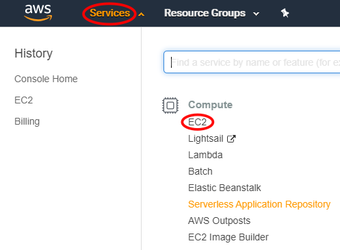 Selecting EC2 under the Services Compute tab on the AWS console