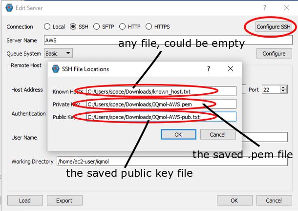 Edit Server window with Configure SSH selected and a pop-up reading SSH File Locations. Known Hosts can be filled with any file, could be empty. Private Key should be the saved .pem file. Public key should be the saved public key file.