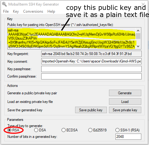 MobaXterm SSH key generator window with the public key highlighted, with instructions to copy the public key and save it as a plain text file. The type of key generated is an RSA key.