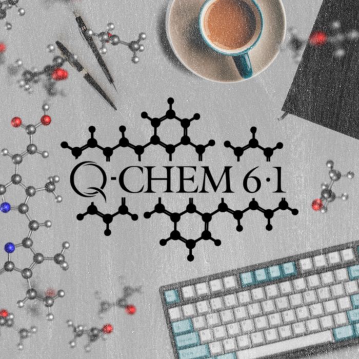 Q-Chem 6.1 logo over keyboard and molecules on desk