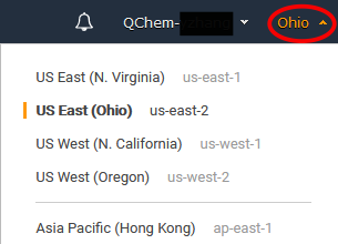 AWS region selection menu