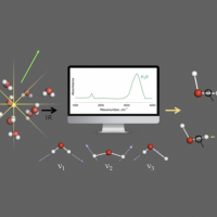Molecules surrounding computer on dark gray background