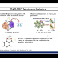 A slide titled RT-NEO-TDDFT Extensions and Applications with plasmonic systems, polaritons, and a description of RT-NEO-Ehrenfest.