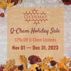 Q-Chem Holiday Sale ad with fall leaves in background. Text reads: "Q-Chem Holiday Sale! 12% off Q-Chem License Nov 01 - Dec 31, 2023."