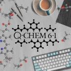 Q-Chem 6.1 logo over molecules, coffee/tea, pens, and keyboard